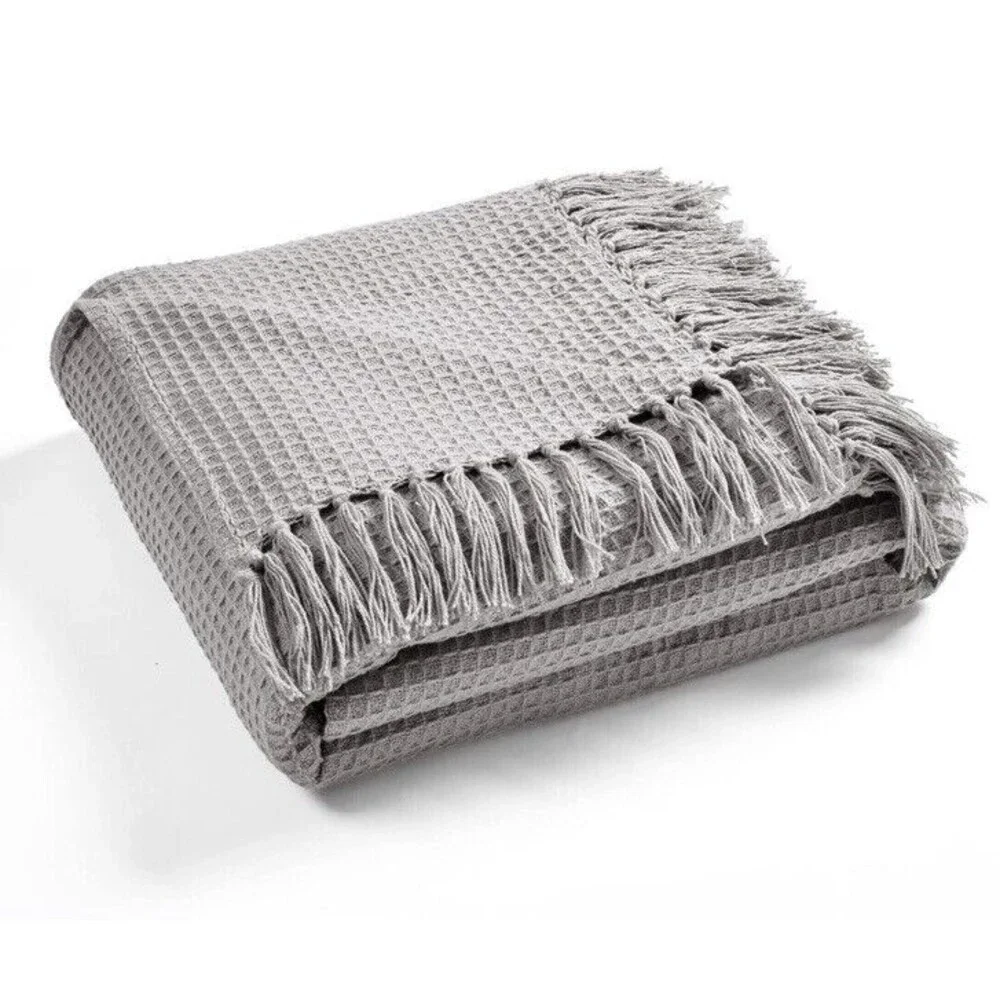 Waffle Cotton Knit Throw Light Gray‎ Full/Queen Blanket Tassel Fringe Boho NEW